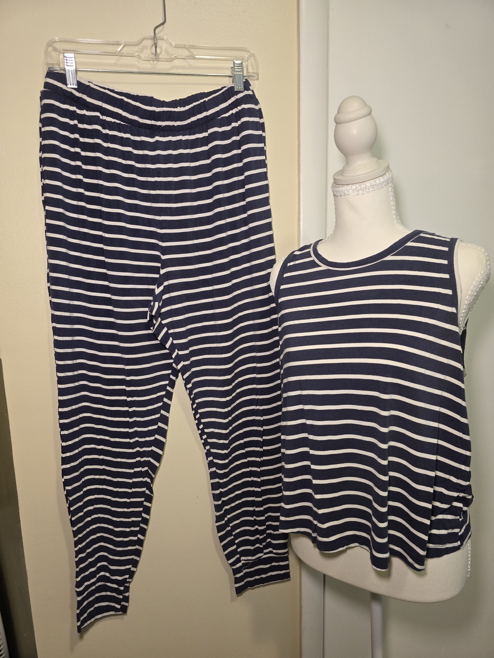 Old Navy Navy and White Striped Track Pants & Tank Set